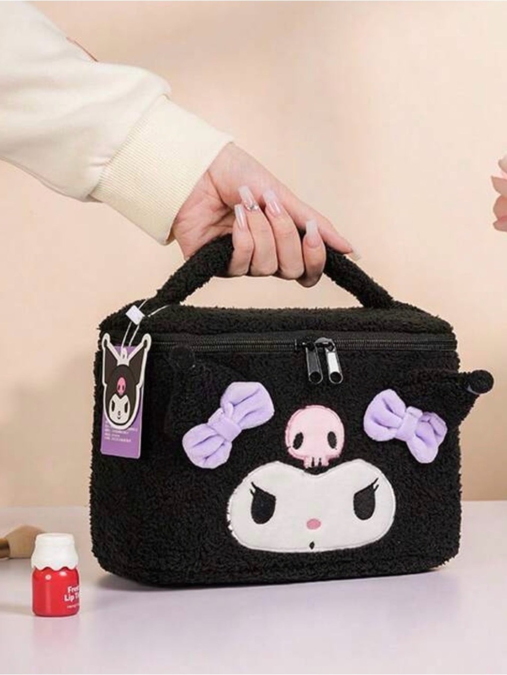 Sanrio Kuromi Black Plush Cosmetic Bag with Purple Bows